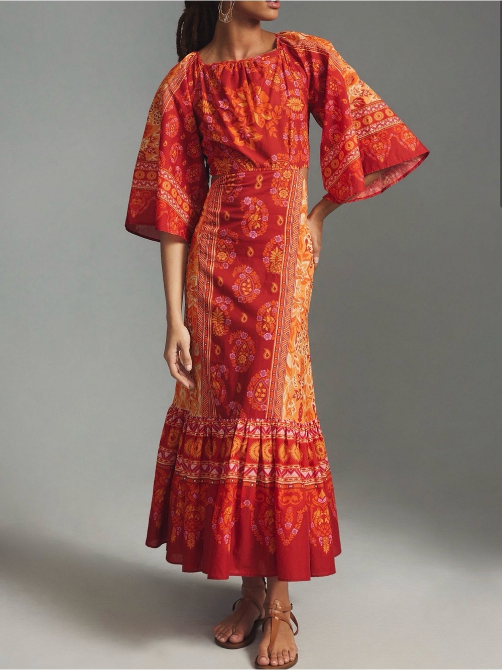 FARM Rio Red and Orange Floral Patchwork Maxi Dress
